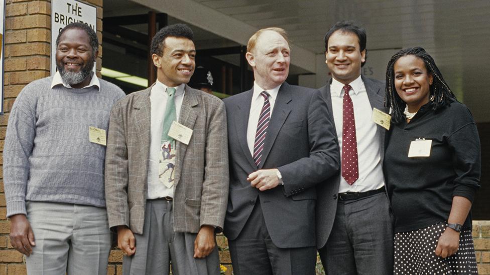 Left to right, Bernie Grant, Paul Boateng, Neil Kinnock, Keith Vaz and Diane Abbott