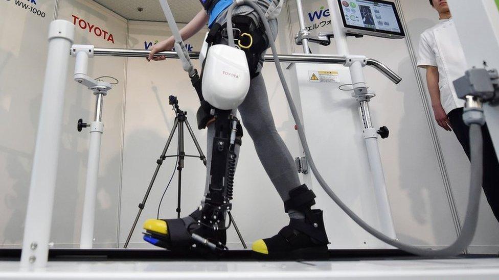 Woman's leg fitted with the Welwalk WW-1000 robotic brace