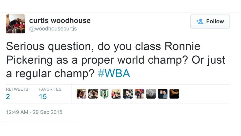 Twitter posting by Curtis Woodhouse reads: "Serious question, do you class Ronnie Pickering as a proper world champ? Or just a regular champ? #WBA"