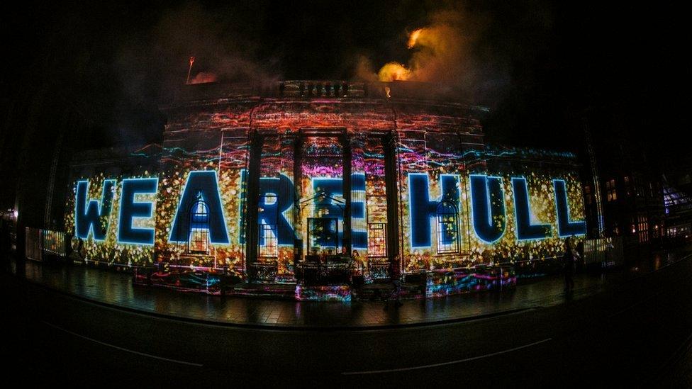 'We are Hull' projected onto a city centre building