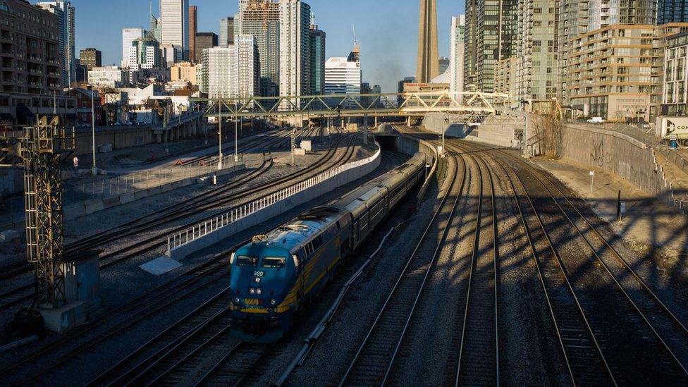 VIA Rail train leaves Union Station, the heart of VIA Rail travel, bound for Windsor on April 22, 2013 in Toronto, Ontario, Canada.