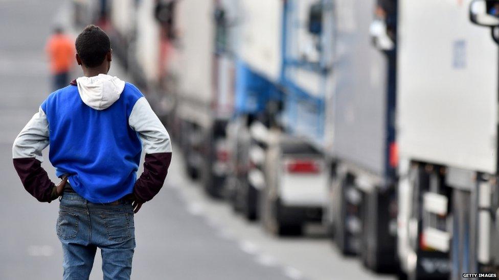 Migrants continue to try and board lorries bound for the United Kingdom on 26 June 2015 in Calais, France