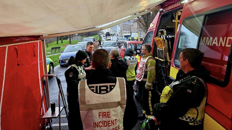 Emergence services at the scene of the cordon in Keyham when a WWII bomb was found