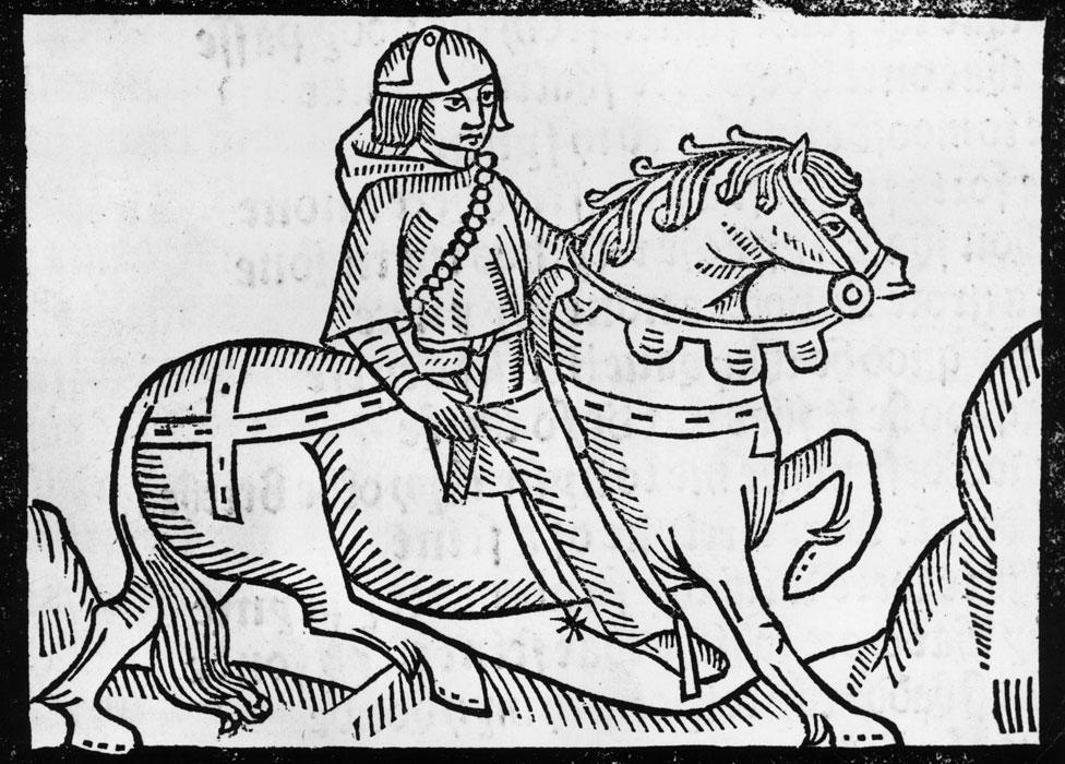 A woodcut of the Shipman from Chaucer's Shipman's Tale, from Richard Pynson's 1492 edition