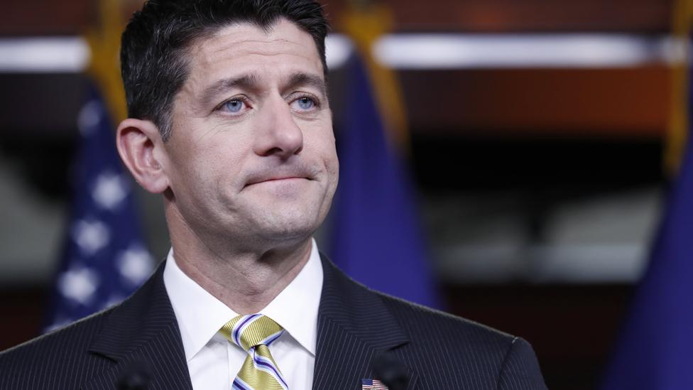 Speaker of the House Paul Ryan purses his lips during questions from the news media during a press conference in the US Capitol in Washington, DC, USA,27 July 2017