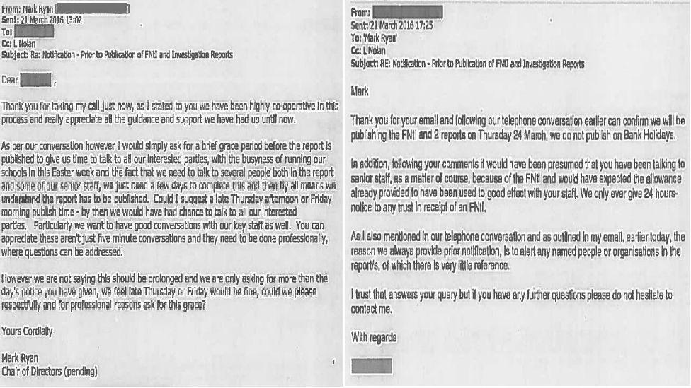 On the left is the email from Perry Beeches, on the right is the reply from the Education Funding Agency agreeing to delay the critical report