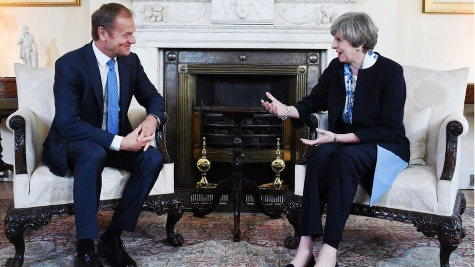 Donald Tusk and Theresa May in talks at Downing Street