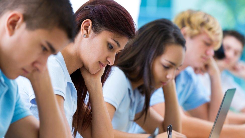 Row of pupils studying