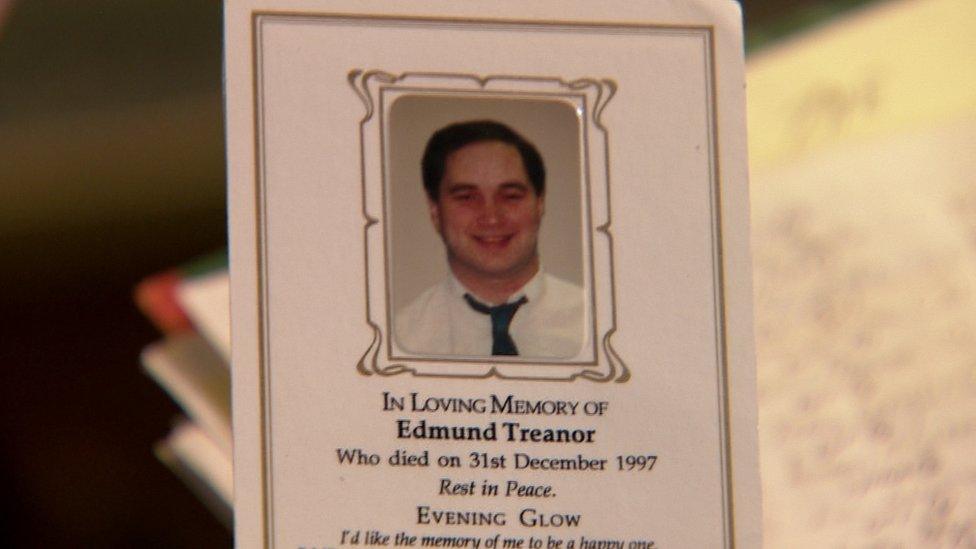 The mass card for Eddie Treanor, who was murdered by loyalist paramilitaries in December 1997