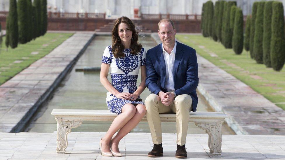 The Duke and Duchess of Cambridge sitting in front of the Taj Mahal