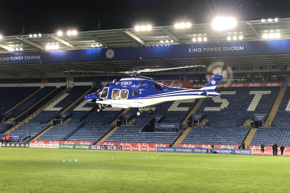 Helicopter landing on the Leicester City pitch after the game, Saturday 27 Oct 2018