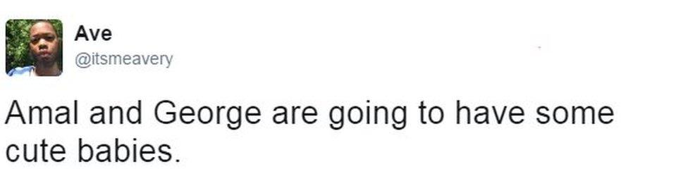 Twitter from user itsmeavery reads: Amal and George are going to have some cute babies.