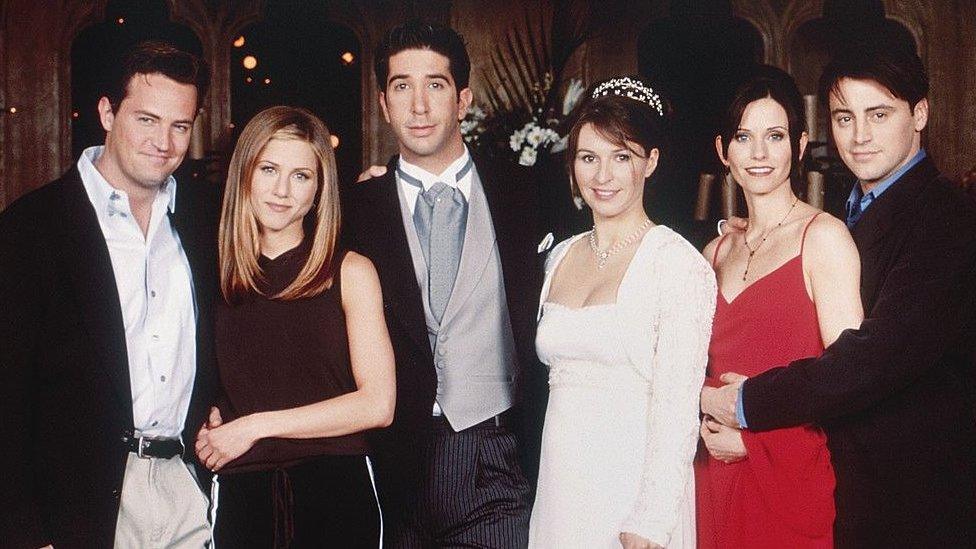 Left to right: Matthew Perry, Jennifer Aniston, David Schwimmer, Helen Baxendale, Courteney Cox, Matt LeBlanc