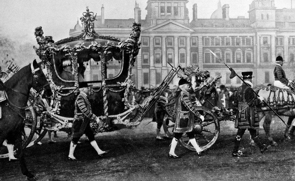 King Edward VII in his coronation coach, 1902