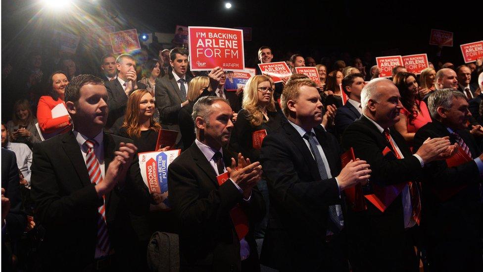 DUP election candidates applaud after party leader Arlene Foster's speech at the manifesto launch