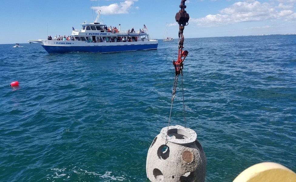 An Eternal Reefs reef being placed in the sea