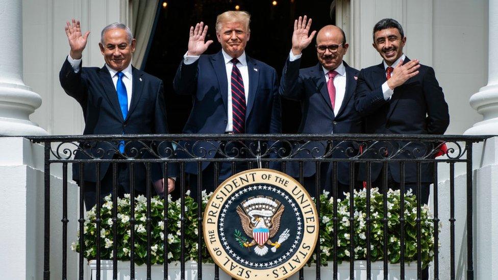 Former Israeli Prime Minister Benjamin Netanyahu, Former US President Donald Trump, Bahrain Foreign Minister Khalid bin Ahmed Al Khalifa, and United Arab Emirates Foreign Minister Abdullah bin Zayed Al-Nahyan