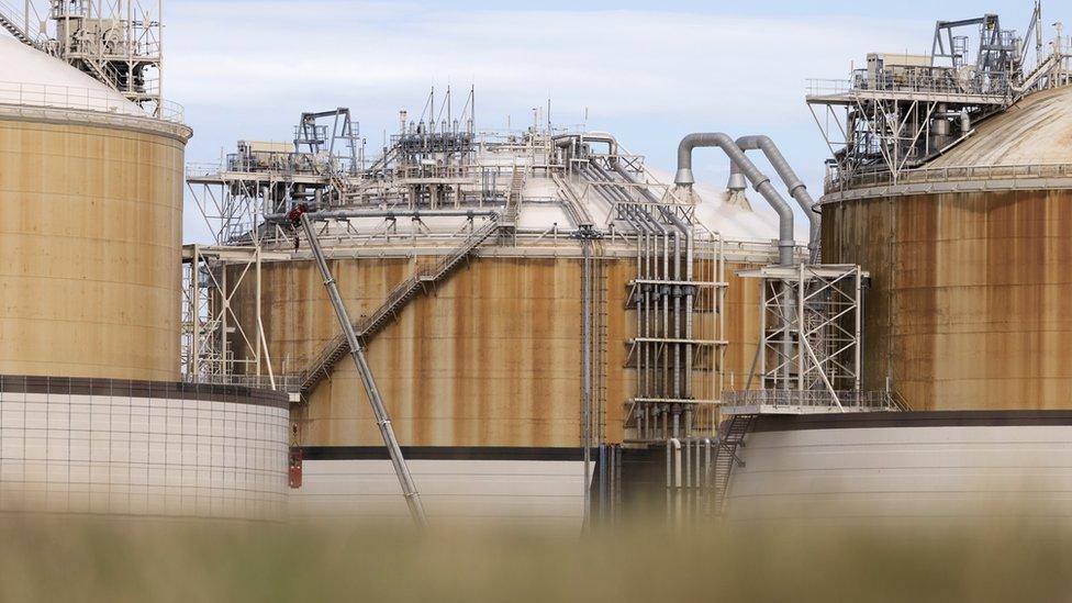 LNG storage units at Grain LNG importation terminal, on the Isle of Grain on August 22, 2022 in Rochester, England.