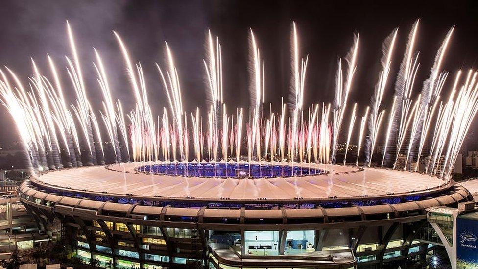 Fireworks at the Maracana Stadium in Rio