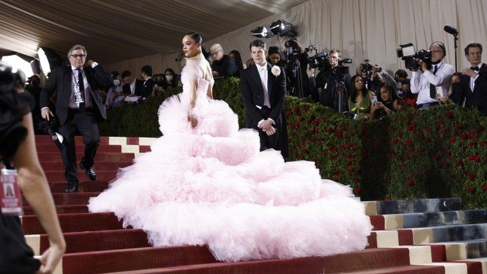 Wes Gordon and Tessa Thompson on the red carpet for the 2022 Met Gala
