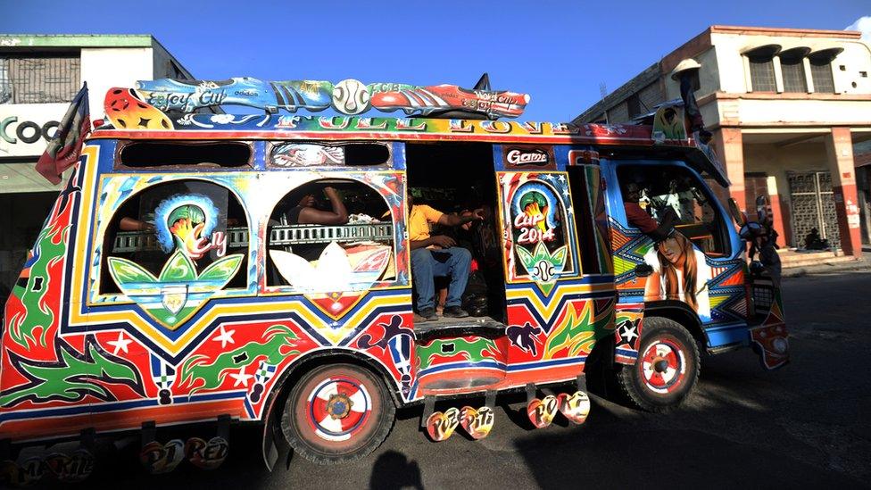 A minibus painted with designs evoking the 2014 FIFA World Cup is seen in Port-au-Prince.