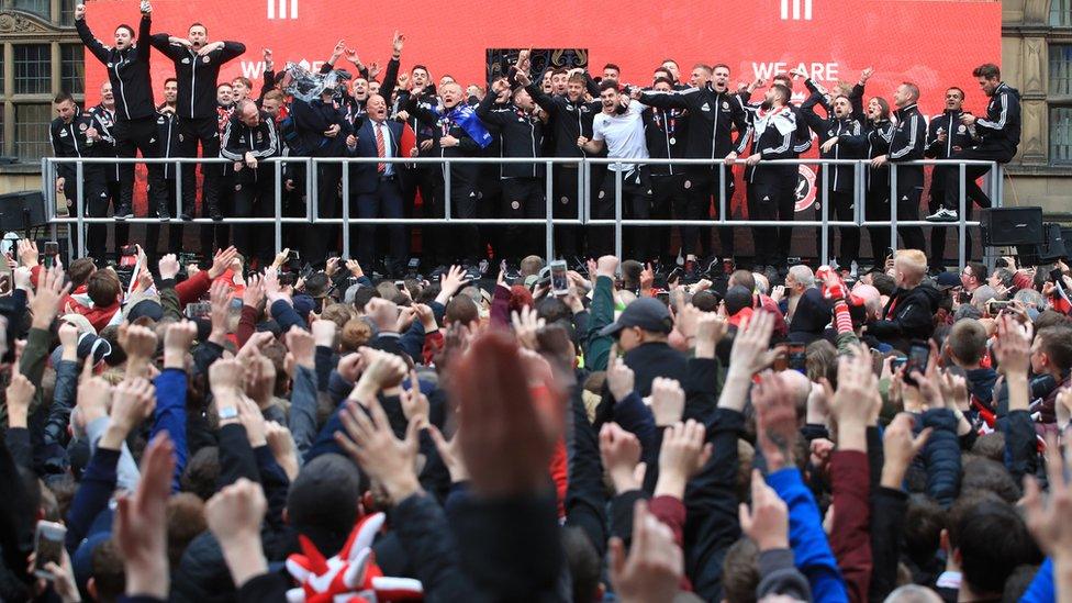 Sheffield United celebrate promotion to the Premier League