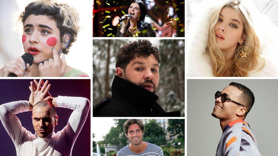 Eurovision contestants (clockwise from top left) Montaigne, Ulrikke Brandstorp, Arilena Ara, Benny Cristo, Tom Leeb, The Roop and (centre) James Newman