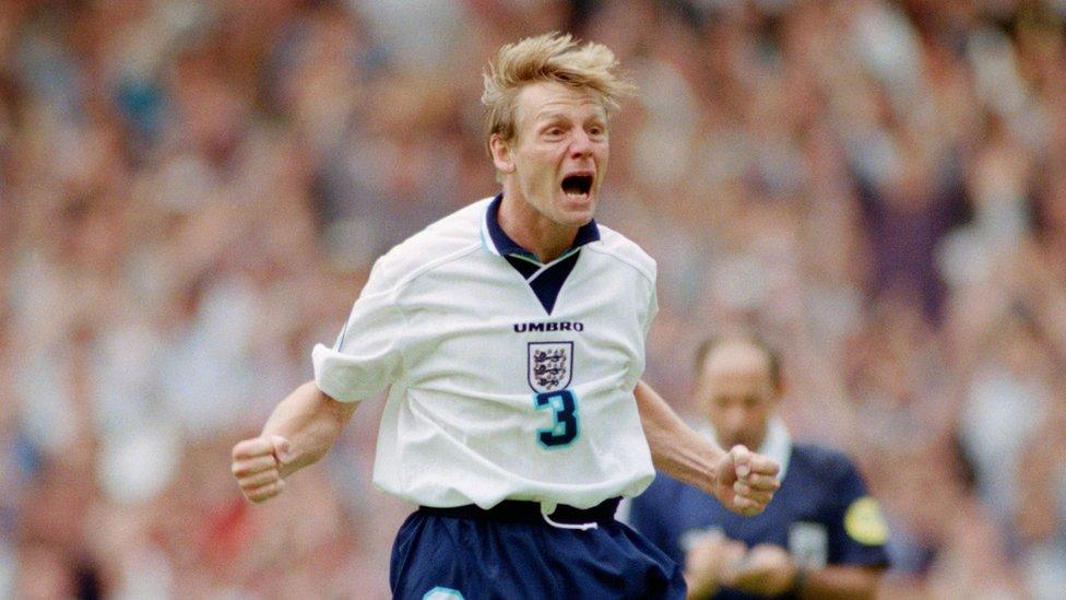 Stuart Pearce celebrates scoring a penalty