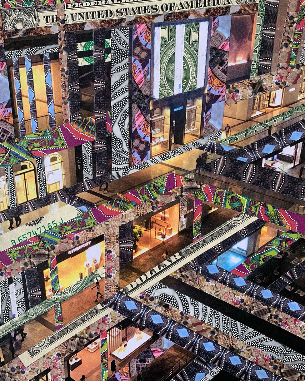 A piece of art showing a shopping mall made out of a collage of designs and dollar bills