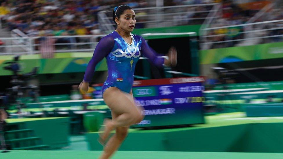 Dipa Karmakar of India falls while competing in the Women's Vault Final on Day 9 of the Rio 2016 Olympic Games