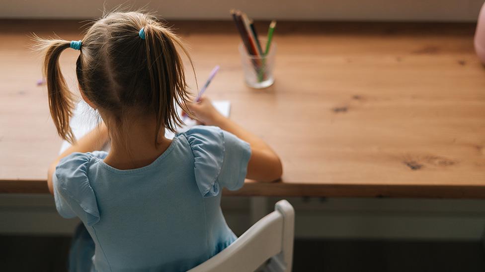 Anonymous young child at desk