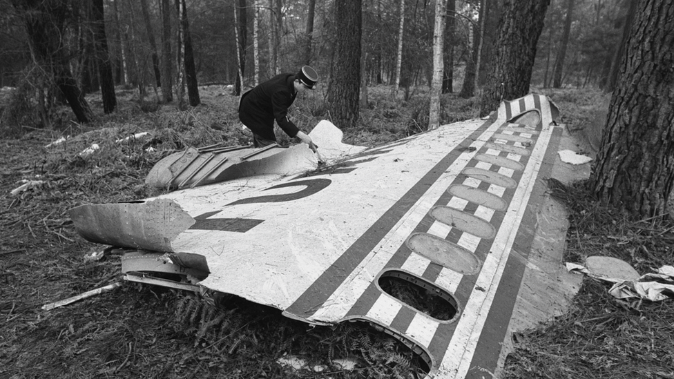 The wreckage of Turkish Airlines Flight 981 in the Ermenonville Forest outside Paris