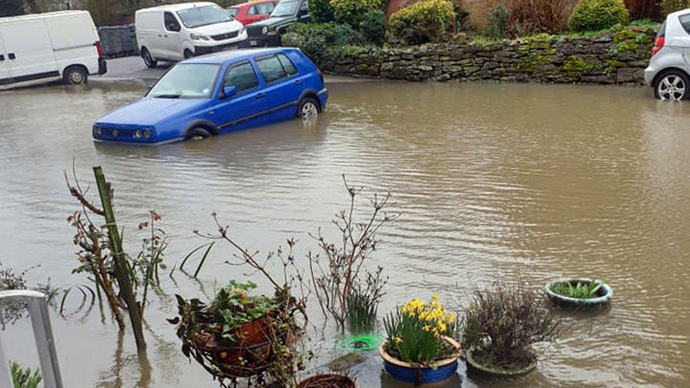 Flood waters seen in Coton Manor flats on Berwick Road, Coton Hill in Shrewsbury, in the county town of Shropshire, in western England. It sits inside a loop of the River Severn. copyright Christoper Beesley