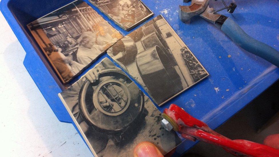 Cutting transfer tiles to form the sculpture