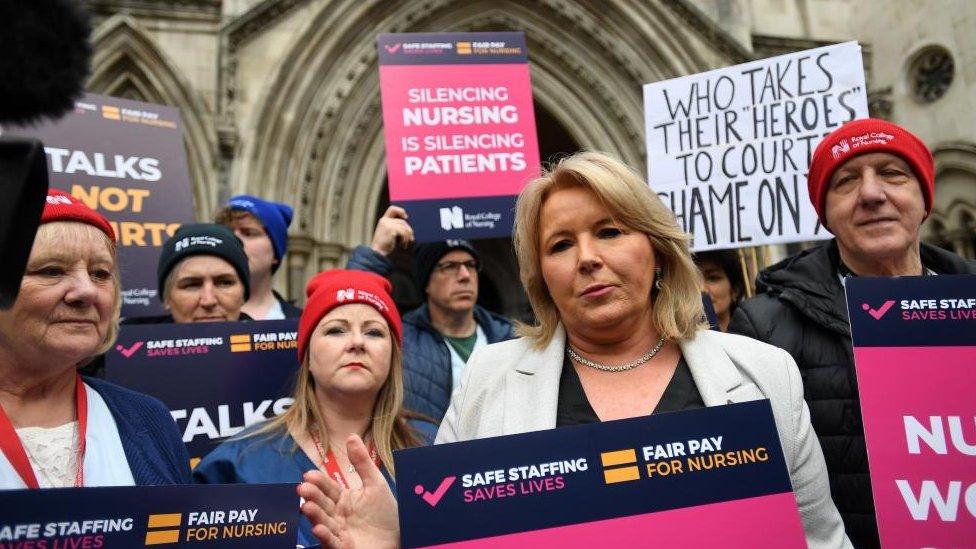 General Secretary of the Royal College of Nurses Pat Cullen with nurses outside the High Court in London (27 April 2023)