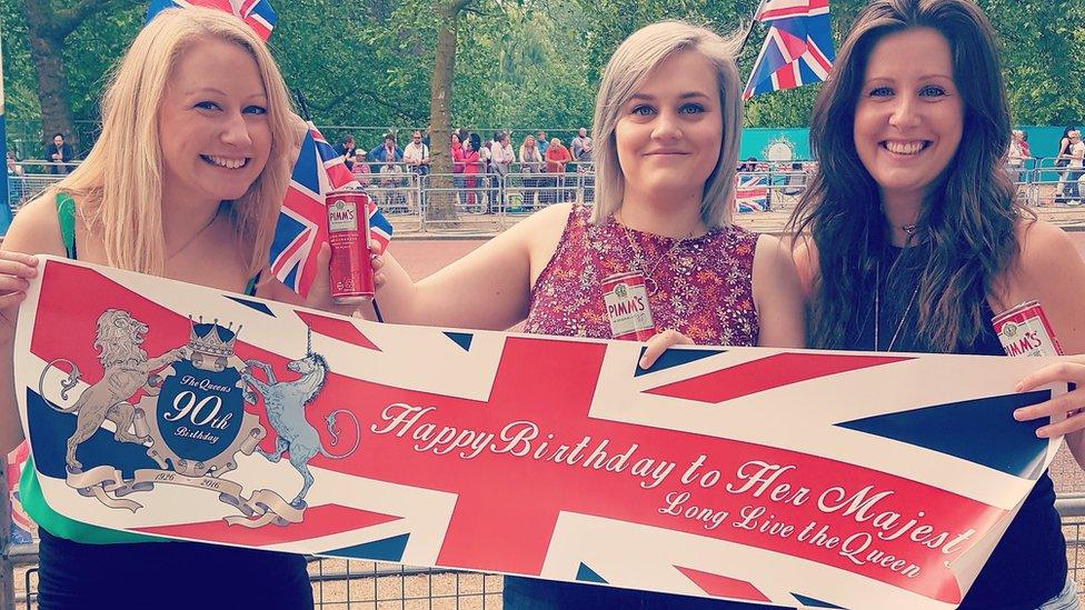 Nikki Matthews, Emma Matthews and Alice Kebby were standing on the Mall waiting for trooping the colour to start. Credit: Nikki Matthews