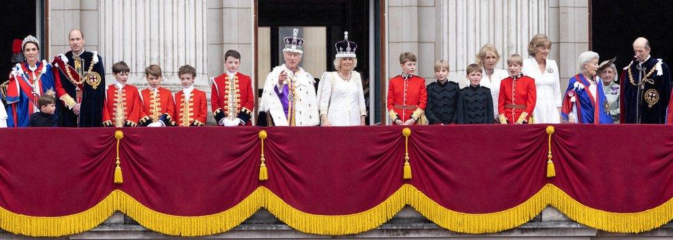 King Charles III and Queen Camilla stand on the balcony of Buckingham Palace following their Coronation in London, Britain May 6, 2023