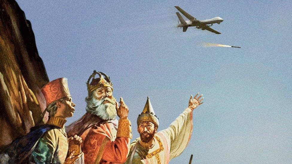 The Three Wise Men point to a drone.