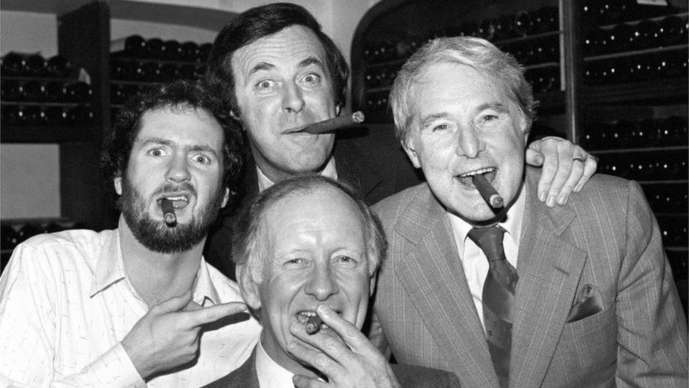 Sir Terry Wogan (back) with three other winners Kenny Everett (left), Ernie Wise (right), and Frank Bough in 1981