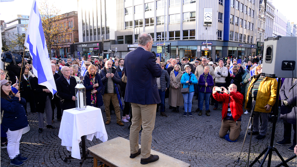 the DUP's Peter Weird addressed the Vigil for Israel in Belfast.