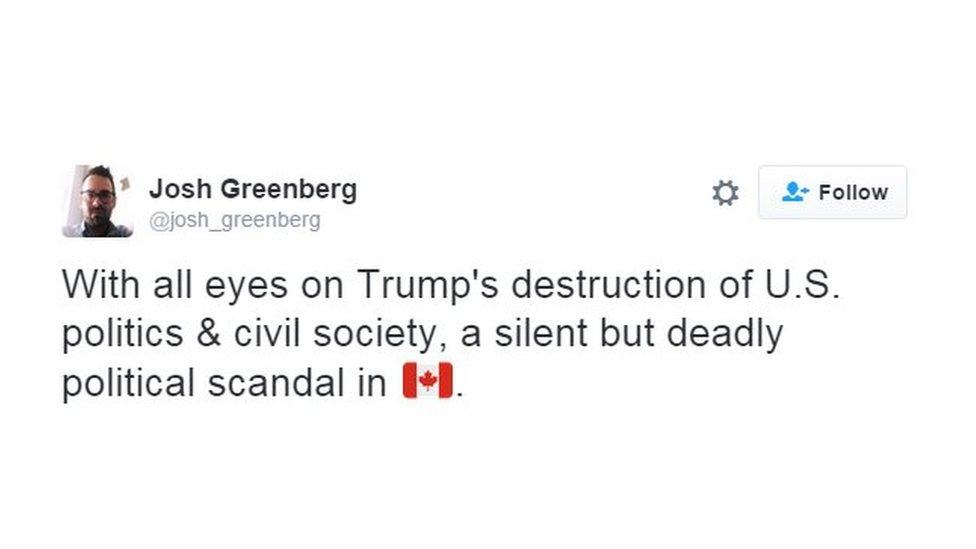 A tweet saying "With all eyes on Trump's destruction of US politics and civil society, a silent but deadly political scandal in Canada".