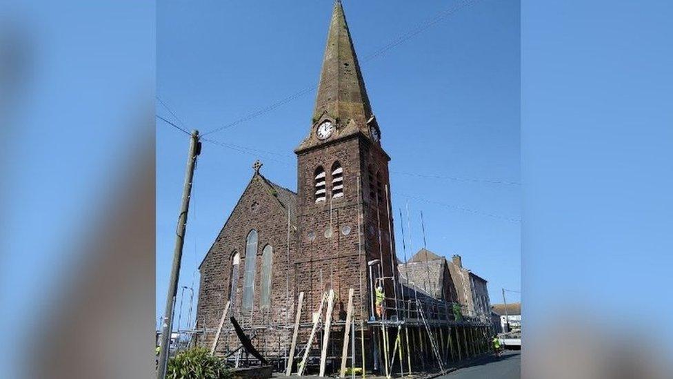 Scaffolding surrounding Christ Church, Maryport