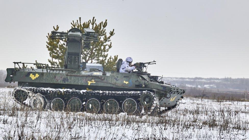 Ukrainian Armed Forces hold a drill on a shooting range of the 92nd separate mechanized brigade of Ukrainian Armed Forces near Chuguev city of Kharkiv"s area, Eastern Ukraine,