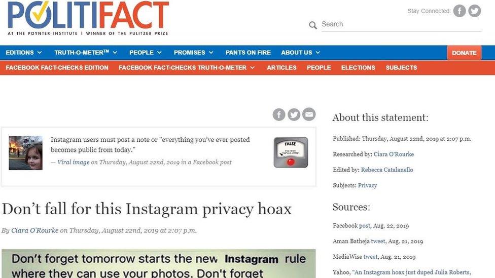 Screenshot of a recent Instagram viral hoax fact-checked by PolitiFact from their website