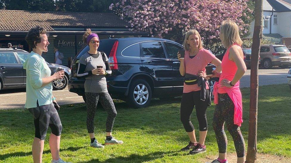 Fiona Rutherford, left, and friend Elen Derrick, stood by her, enjoyed a run in Cardiff with two pals