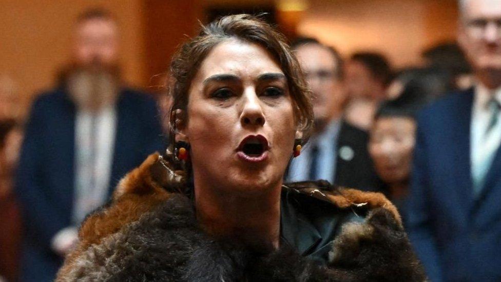 King Charles is heckled by Australian politician Senator Lidia Thorpe before she was escorted away by security at the Australian Parliament House for Ceremonial Welcome and Parliamentary Reception, Canberra, Australia on 21 October, 2024