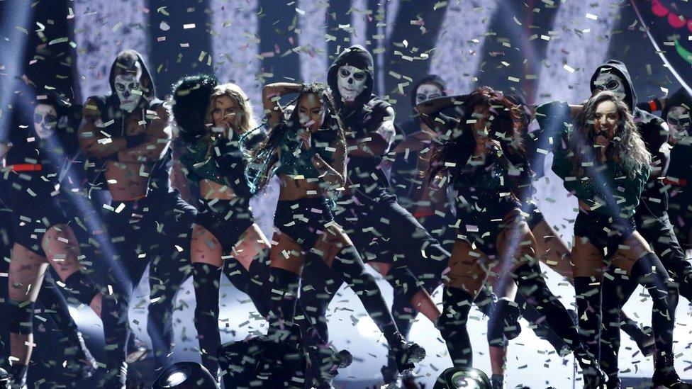 Little Mix performing at the BRIT Awards at the O2 arena in London