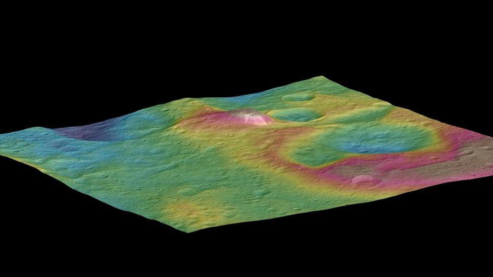 false-coloured illustration of pyramid-shaped mountain on Ceres