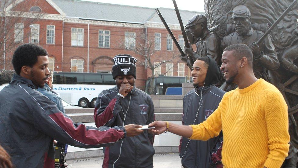 Students took selfies in front of a monument to black soldiers who fought for the Union in the Civil War