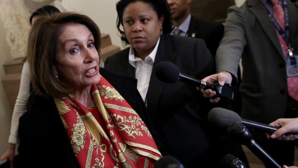 Speaker of the House Nancy Pelosi (D-CA) (L) speaks to members of the press about U.S. President Donald Trump and the State of the Union speech